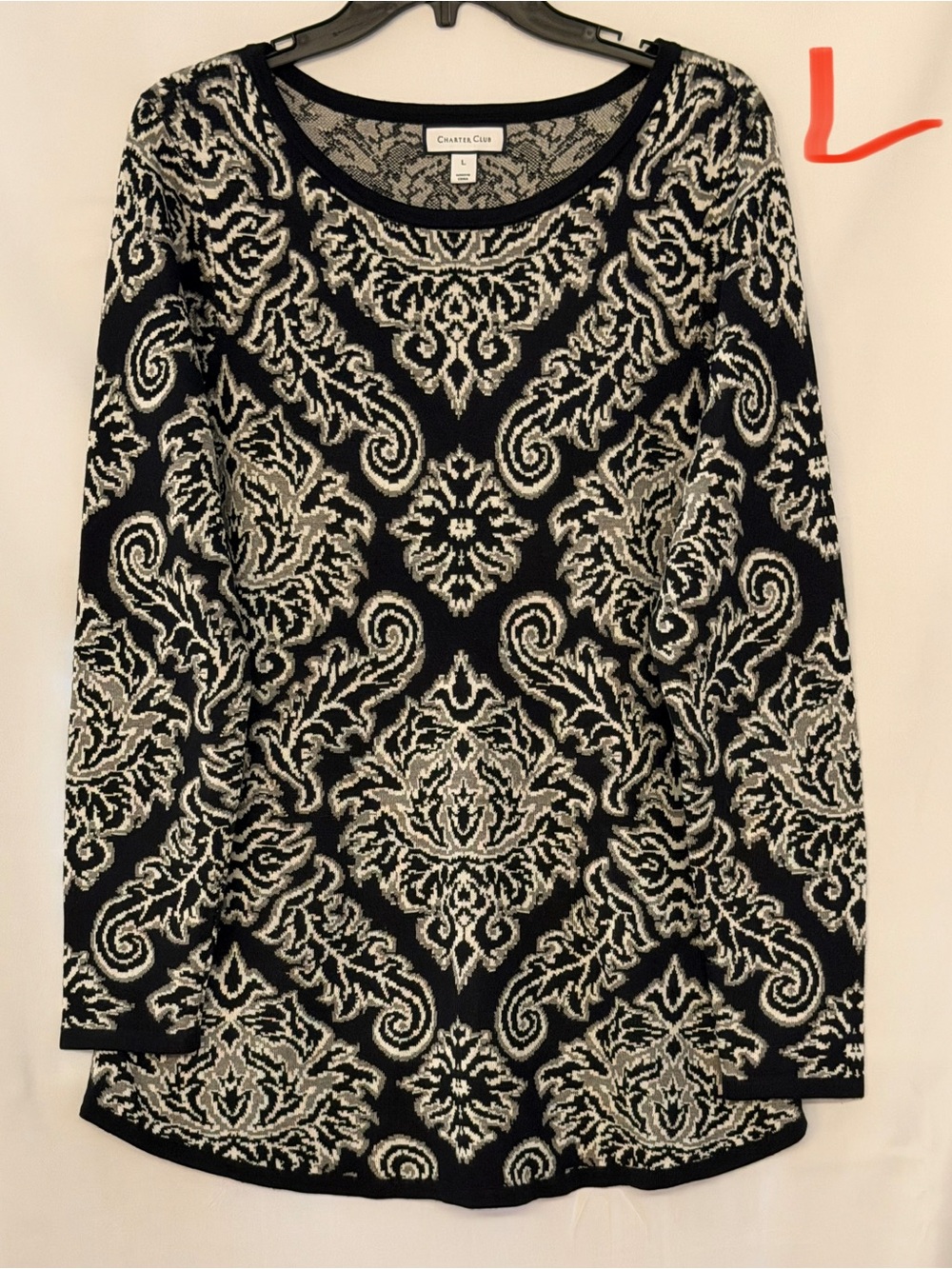 Charter Club Black and Ivory Damask-Pattern Long Sleeve Sweater